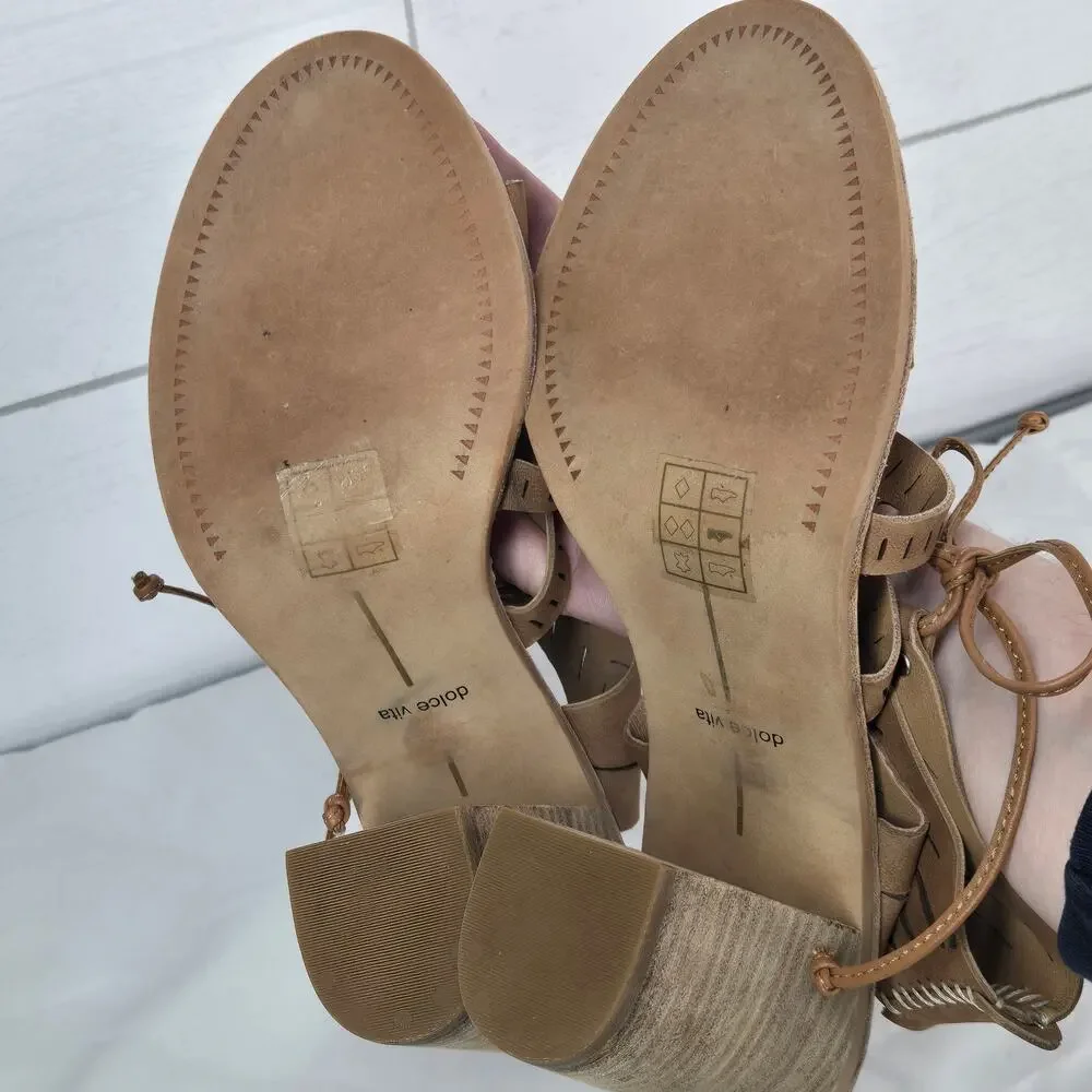 Dolce Vita Luci Ghillie Sandals Brown Tan Leather Lace Up Block Heel Size 8